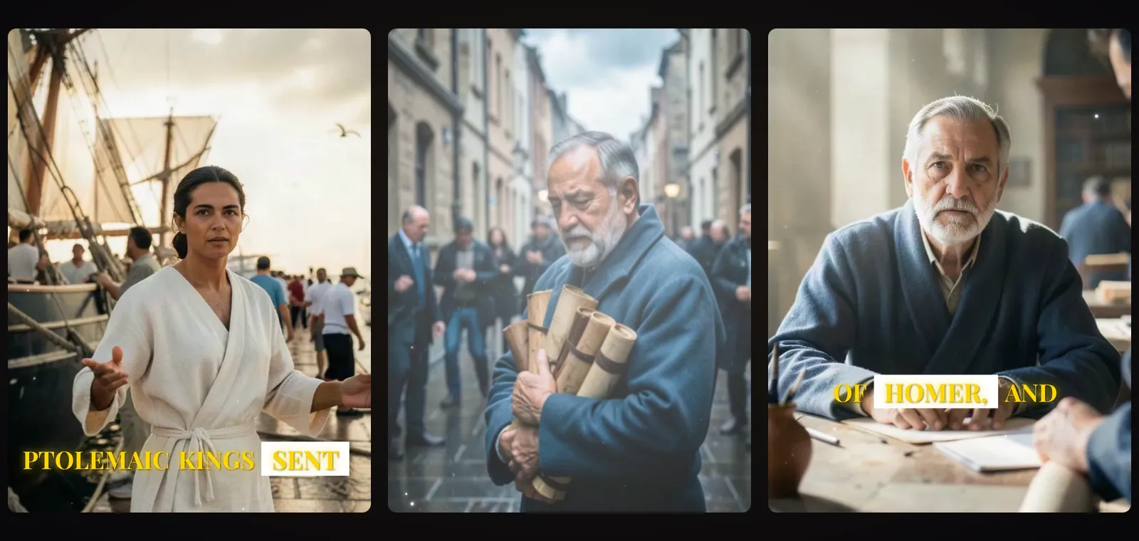 Three frames from the finished video: a harbor with much later sailing ships and modern bystanders, a modern stone street with men in suits, and a scholar at a desk with a modern notepad