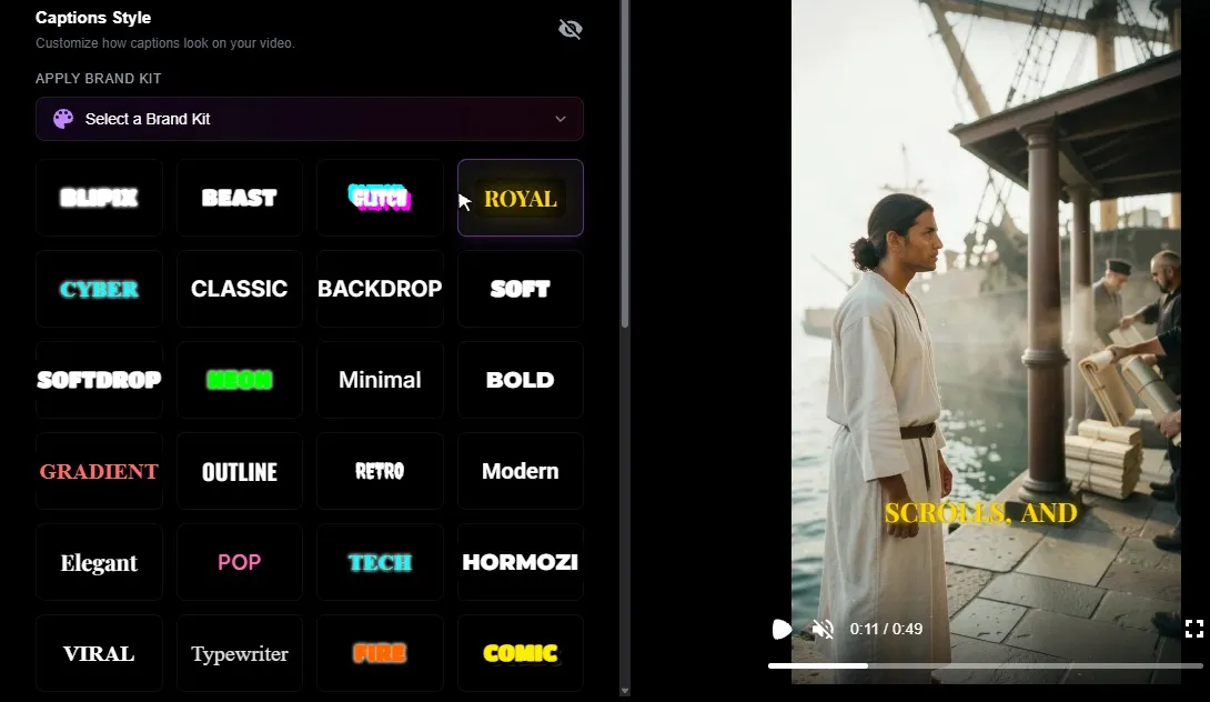 Blipix caption style grid with the ROYAL preset selected and the video preview showing gold serif captions over a harbor scene