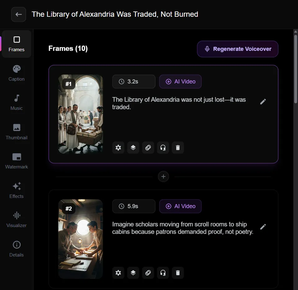 Blipix editor showing the AI-written draft titled The Library of Alexandria Was Traded, Not Burned, with the first two scenes and their narration text