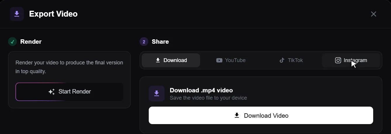 Blipix Export Video panel with the Render step completed and a Download Video button, plus YouTube, TikTok and Instagram tabs