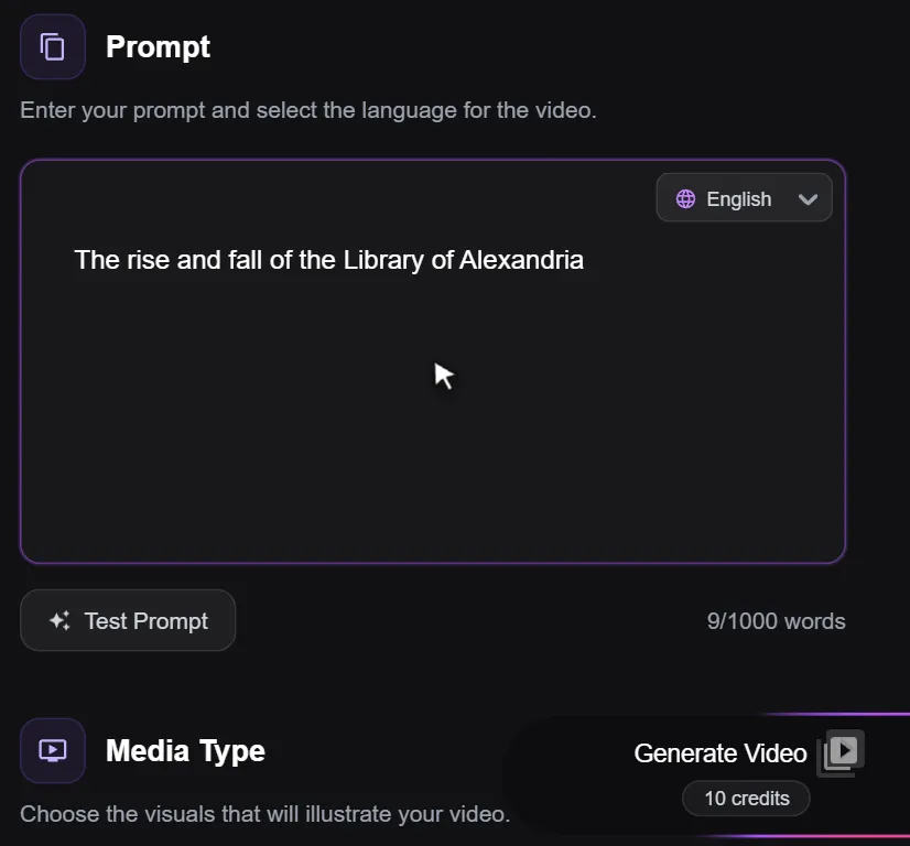 Blipix Prompt template with the topic The rise and fall of the Library of Alexandria typed in, English selected and a Generate Video button showing 10 credits