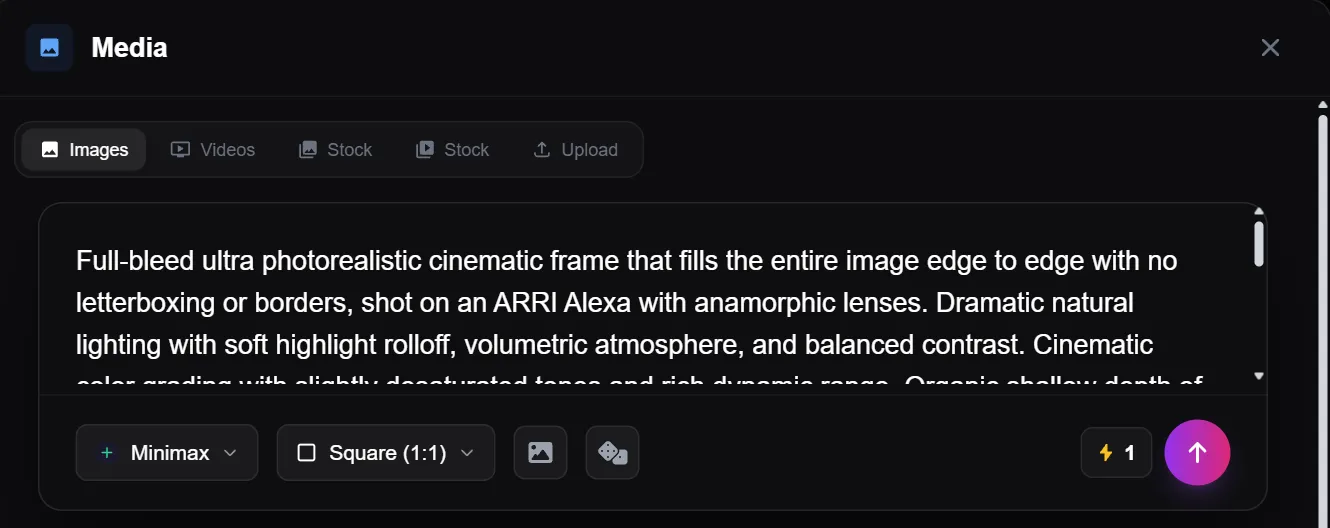 Blipix Media panel with the scene's image prompt, the Minimax model, the Square 1:1 shape and a cost of 1 credit