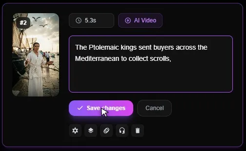 Scene 2 in the Blipix editor with its text changed to The Ptolemaic kings sent buyers across the Mediterranean to collect scrolls and a Save changes button
