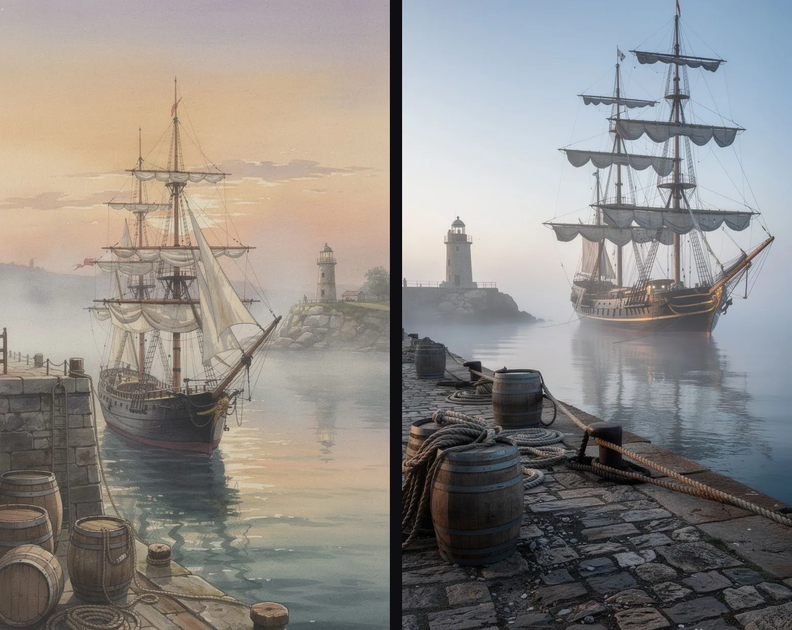 Two AI images of the same old sailing ship at a stone harbour at dawn, painted in watercolor on the left and rendered as a realistic photograph on the right